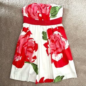 London Times | White + Red Floral Print Strapless Banded Waist Dress